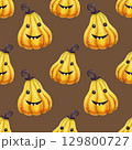 Beige Halloween bright funny pumpkins seamless pattern. Hand-drawn brown watercolor illustration. Perfect for kids party decoration, wrapping, print, fabrics, home textile and spooky autumn design 129800727