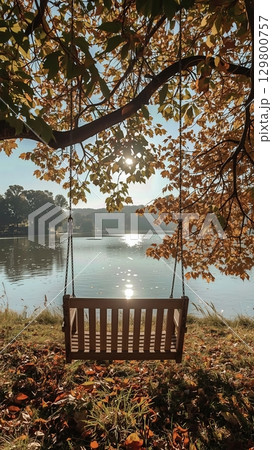 Swing hanging from tree branches over tranquil lake, surrounded by vibrant autumn foliage, capturing serene outdoor relaxation and natural beauty 129800757