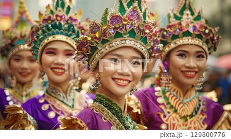 Vibrant Asian Carnival Celebration Featuring Beautiful Women in Ornate Costumes and Headdresses 129800776