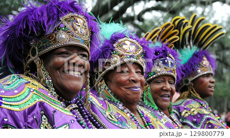 Mardi Gras Festival in New Orleans with Colorful Costumes and Joyful Celebrations in the Streets 129800779