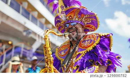 A Colorful Jazz Festival Celebration with Feathered Costumes, Musicians, and Shiny Accessories A Colorful Jazz Festival Celebration with Feathered Costumes, Musicians, and Shiny Accessories 129800782