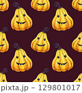Dark gothic Halloween funny pumpkins seamless pattern. Hand-drawn kids watercolor texture. Perfect for autumn party decoration, wrapping paper, print, templates, backgrounds, fabrics, home textile. 129801017