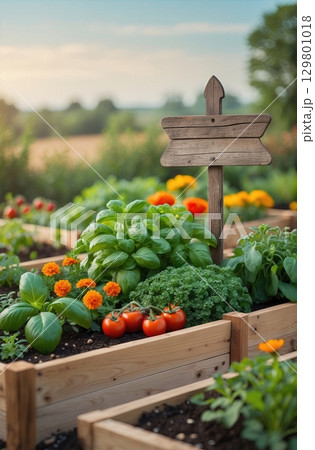 Picturesque Garden with Raised Beds, Lush Plants, and a Rustic Wooden Signpost in Sunlight 129801018