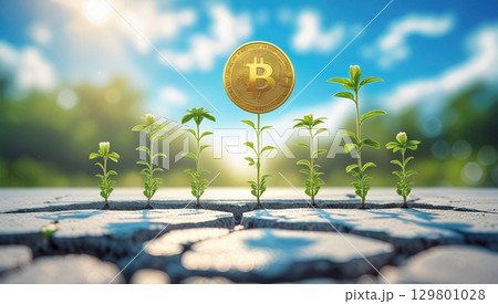Bitcoin Growth Seedlings Emerge Through Cracked Earth, Symbolizing Financial Investment Future 129801028