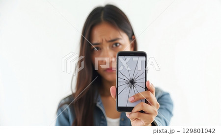 Annoyed Asian Woman Displaying a Mobile Phone with a Shattered Screen and Showing Frustration Annoyed Asian Woman Displaying a Mobile Phone with a Shattered Screen and Showing Frustration 129801042