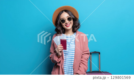 Smiling woman with suitcase holding passport and tickets ready for travel adventure 129801569