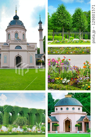 Collage of Schwetzingen Palace Garden and Mosque. 129801571