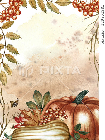 Autumn vertical frame with pumpkins, leaves, mountain ash, and other autumn elements. Hand-drawn watercolor illustration. For autumn holidays, greeting and invitation cards, posters, and more. Autumn vertical frame with pumpkins, leaves, mountain ash, and other autumn elements. Hand-drawn watercolor illustration. For autumn holidays, greeting and invitation cards, posters, and more. 129801581