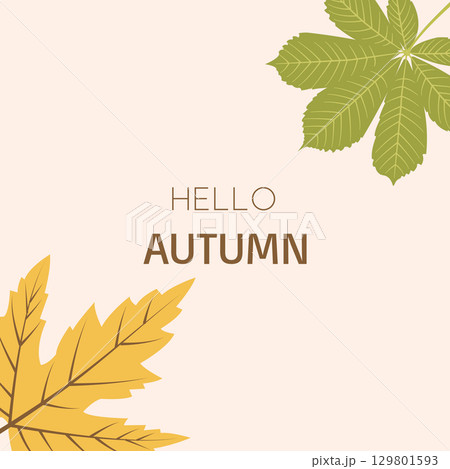 Autumn card with green and yellow leaves and text in flat style on beige background. Vector illustration for social media, banners 129801593