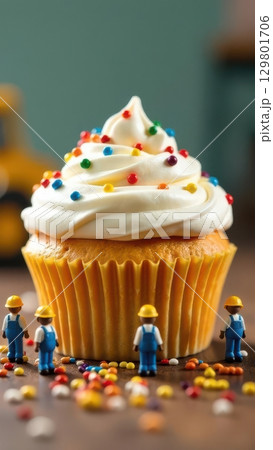 Miniature construction workers looking at a giant cupcake with white frosting and colorful sprinkles 129801706