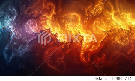 Fire and ice swirling abstract background forming a cosmic texture 129801714