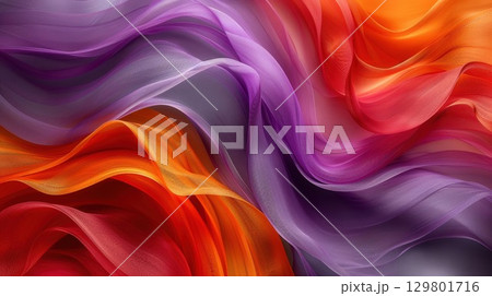 Colorful transparent fabric flowing creating abstract shapes 129801716
