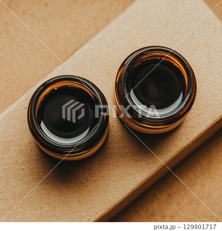 Two amber glass jars containing a dark liquid are placed on a cardboard box 129801717