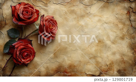 Three Red Roses Lying on Old Parchment Creating Romantic Atmosphere 129801719
