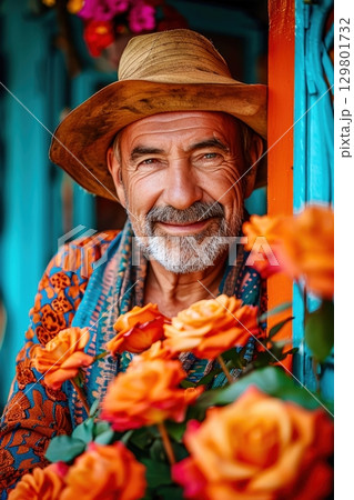 Senior gardener smiling with orange roses in front of colorful house Senior gardener smiling with orange roses in front of colorful house 129801732