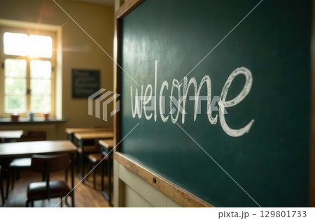 Welcome written on classroom chalkboard greeting students back to school Welcome written on classroom chalkboard greeting students back to school 129801733