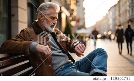 Stylish senior man checking time while sitting on bench in city center Stylish senior man checking time while sitting on bench in city center 129801755