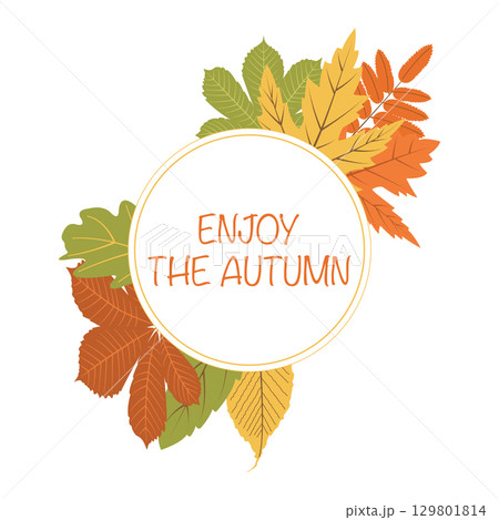 Autumn card with round leaves frame and text inside wreath in flat style. Vector illustration for banners, social media 129801814