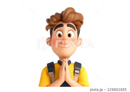 Cute man boy student cartoon character praying with hope on white background 129801885