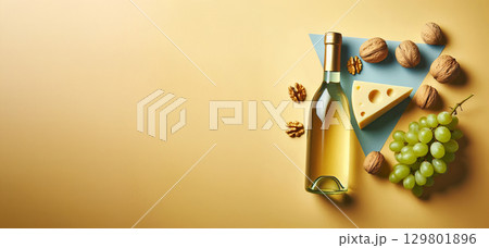 a bottle of white wine lying on its side on a yellow surface. walnut in its shell, green grapes, cheese, pairing of wine with snacks, food and wine pairings. flat lay 129801896