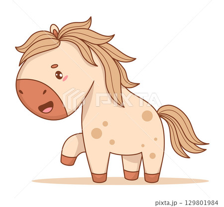 Cute happy Little Horse. Adorable Pony Kawaii Animal on white background. Symbol of year 2026 to Eastern calendar. Vector illustration. Kids collection. Not AI 129801984