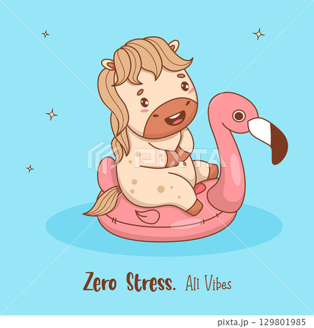 Cute summer Pony Swims on inflatable pink flamingo. Funny Little Horse Animal kawaii Beachgoer on Vacation. Vector illustration. Kids collection. Not AI 129801985