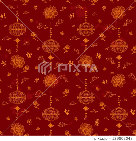 Seamless Chinese Festival Pattern with Yellow Gold Line Art Lanterns, Peony Flowers, Clouds, and Calligraphy on Red Background. Perfect for Lunar New Year, Mid Autumn Festival, and Asian decoration 129802048