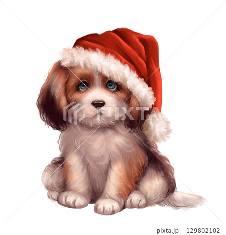 Hand-drawn watercolor illustration of a cute fluffy puppy wearing a red Santa Claus hat with white fur trim 129802102