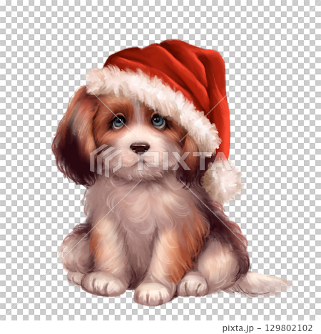 Hand-drawn watercolor illustration of a cute fluffy puppy wearing a red Santa Claus hat with white fur trim 129802102