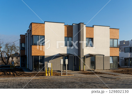 Two-story townhouse at final construction stage. 129802130