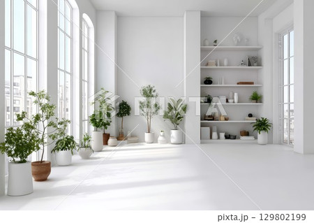 Spacious room with greenery in pots by large windows. White walls and beams create airy feel. Great for modern home or workspace design. 129802199