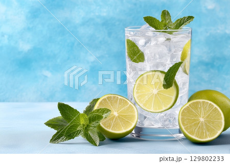 Refreshing mojito cocktail with lime, mint and ice cubes on blue background 129802233
