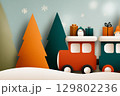 Christmas train carrying penguins and gifts through snowy landscape 129802236