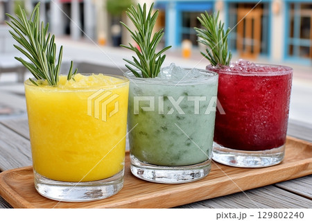 Colorful frozen cocktails garnished with rosemary sprigs on wooden tray 129802240