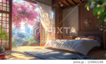 Traditional japanese bedroom with shoji window with blooming pink flowers. 129802286