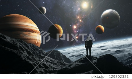 Exploring distant planets while standing on a lunar landscape under a starry sky Exploring distant planets while standing on a lunar landscape under a starry sky 129802321