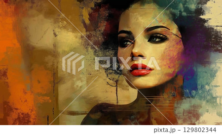 Stunning portrait of a woman with vibrant colors and expressive brushstrokes 129802344