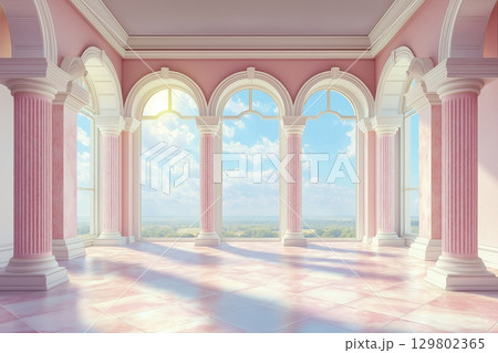 Grand hall with large windows in palace or castle, surrounded by lush greenery 129802365
