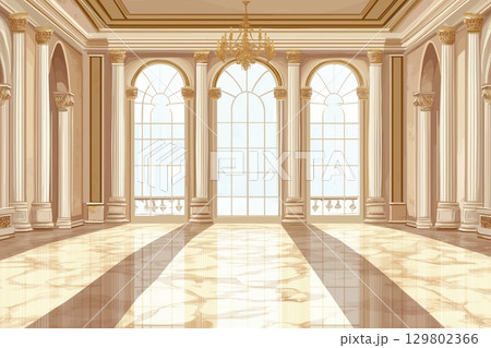 Grand hall with large windows in palace or castle, surrounded by lush greenery 129802366
