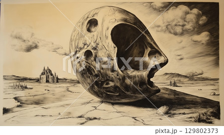 Surreal landscape featuring a large cracked sphere in desolate environment under a cloudy sky 129802373