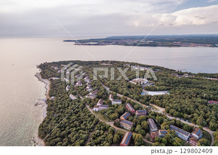 Aerial drone view of resort Lanterna peninsula. Istria, Croatia. 129802409