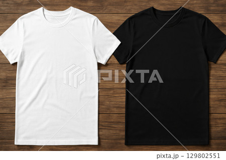 White t shirt and black t shirt neatly laid out on rustic wooden surface, minimal fashion concept with clean and simple design White t shirt and black t shirt neatly laid out on rustic wooden surface, minimal fashion concept with clean and simple design 129802551