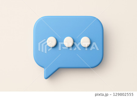 Blue speech bubble icon with three white dots minimal chat message concept on clean background, symbolizing communication and conversation 129802555