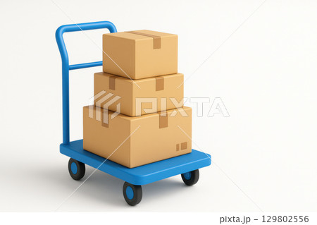 Blue warehouse cart carrying stacked cardboard shipping boxes clean white background logistics and delivery service 129802556