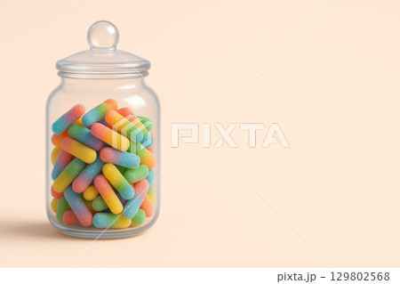 Candy jar filled with colorful rainbow gummies on soft pastel background, bright and cheerful sweet treat for fun moments Candy jar filled with colorful rainbow gummies on soft pastel background, bright and cheerful sweet treat for fun moments 129802568