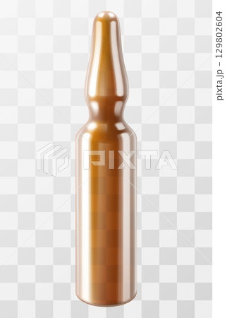 Glass brown medical ampoule on transparent background. Blank capsule container liquid injection, 3d vector realistic illustration. Vaccine packing, virus antibody, pharmaceutical container packaging. 129802604