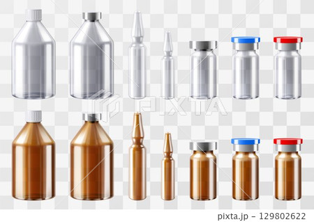 Medical Bottles and ampoules, mockup. Glass Pharmacy Vials for injections. Drug Vial Blank isolated. Vitamin Jar Template with Screw Lid Design. Essential Aromatic Oil Container. Realistic 3d vector 129802622