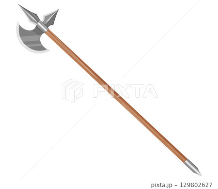 Viking Battle Axe with long handle. Medieval axe isolated on white background. Illustration of a fantasy of weapon. Fighting axe of the Viking. Warrior poleaxe. Vector realistic flat design Viking Battle Axe with long handle. Medieval axe isolated on white background. Illustration of a fantasy of weapon. Fighting axe of the Viking. Warrior poleaxe. Vector realistic flat design 129802627