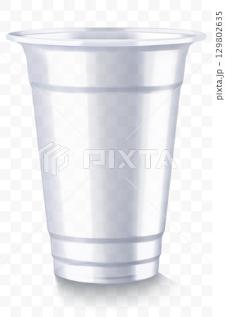Disposable plastic cup isolated on transparent background. Transparent glossy cup for cold drinks such as soda, sparkling water, soft and alcoholic drinks, beer. Mock up Disposable plastic cup isolated on transparent background. Transparent glossy cup for cold drinks such as soda, sparkling water, soft and alcoholic drinks, beer. Mock up 129802635