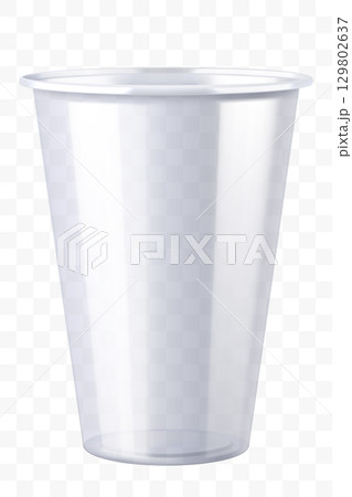 Disposable plastic cup isolated on transparent background. Transparent glossy cup for cold drinks such as soda, sparkling water, soft and alcoholic drinks, beer. Mock up 129802637